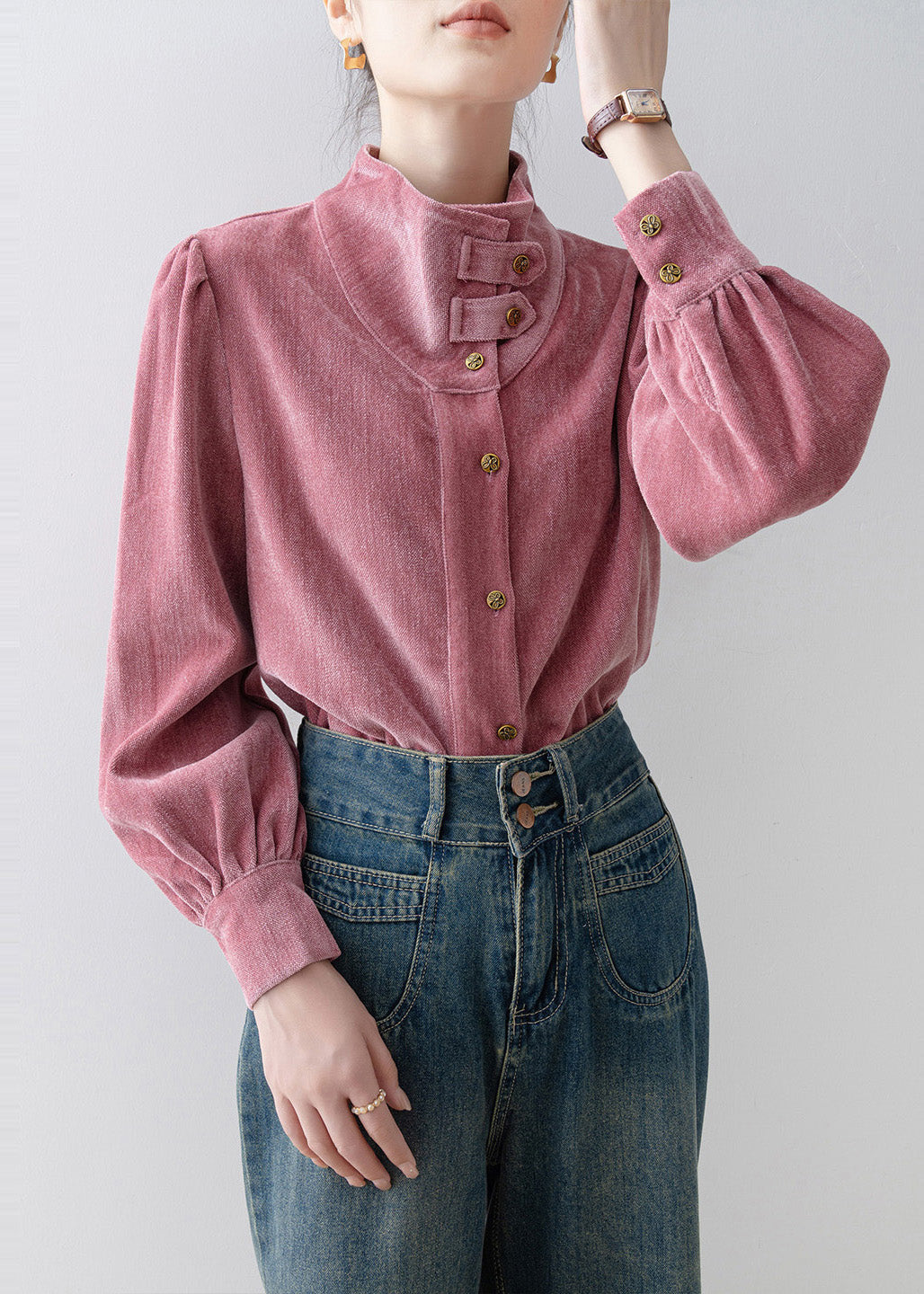 French Rose Stand Collar Button Velour Top Spring