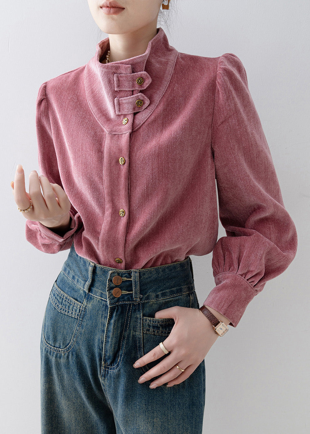 French Rose Stand Collar Button Velour Top Spring