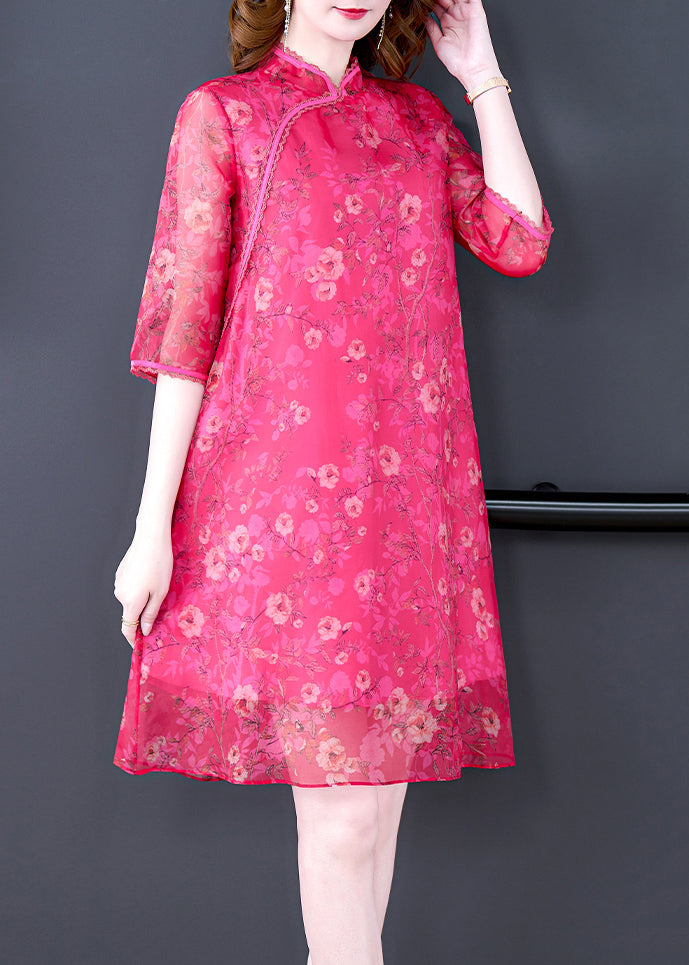 French Rose Stand Collar Print Silk Dress Half Sleeve