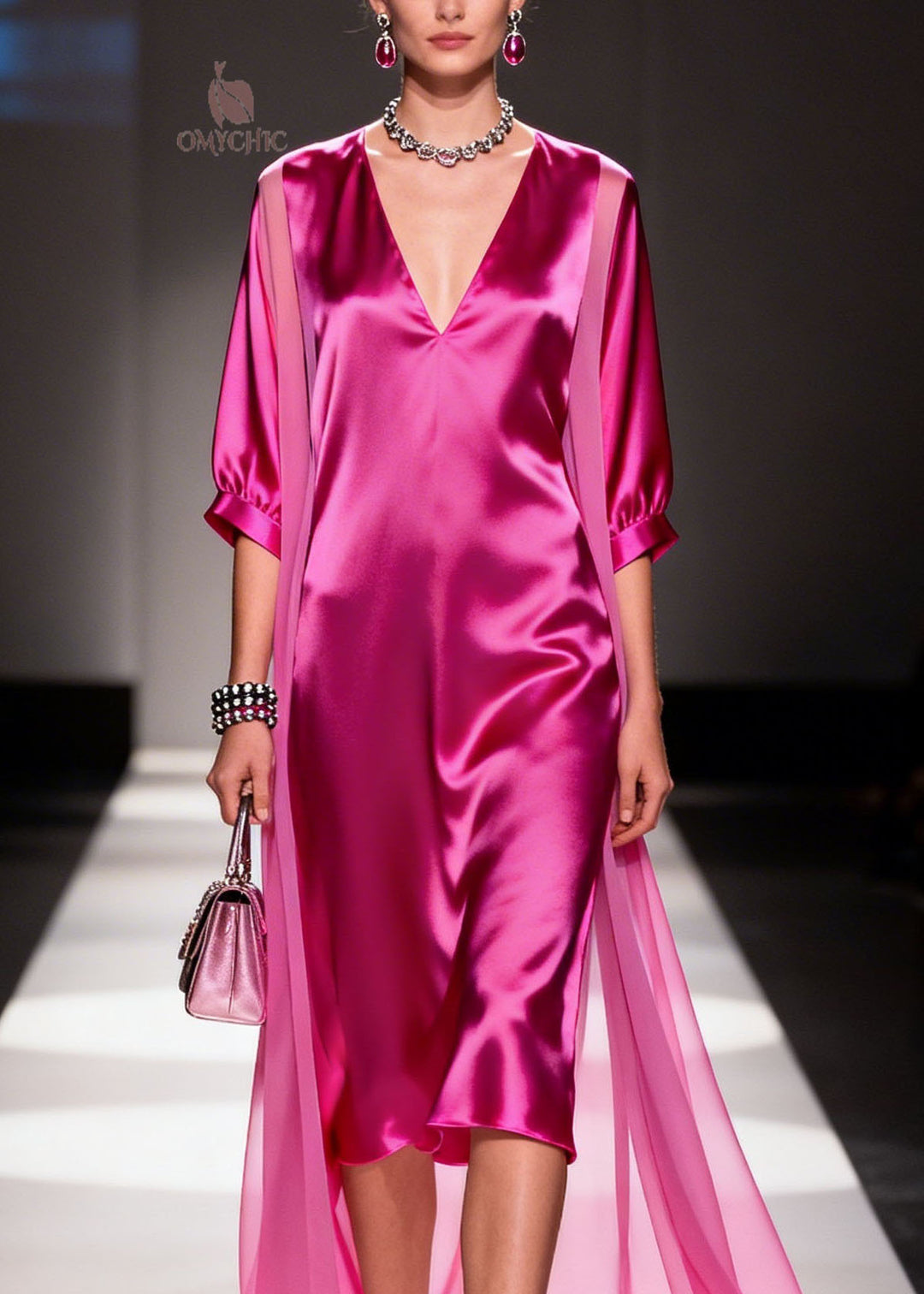 French Rose V Neck Patchwork Chiffon Dresses Summer