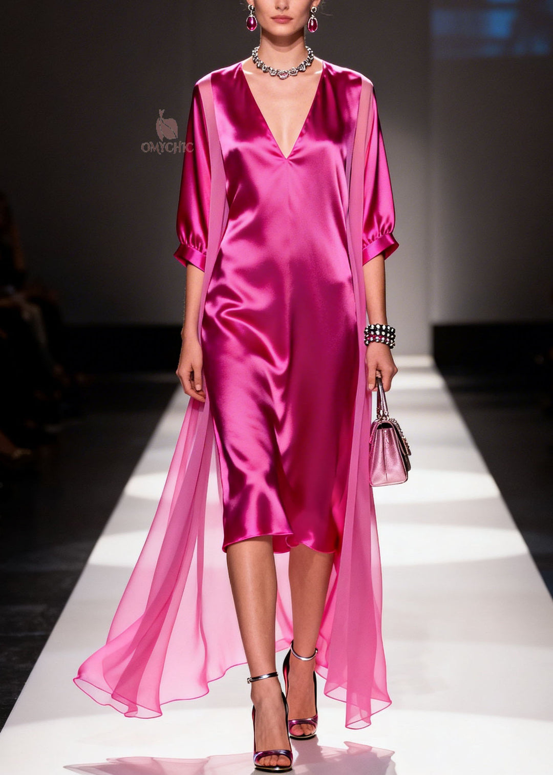 French Rose V Neck Patchwork Chiffon Dresses Summer