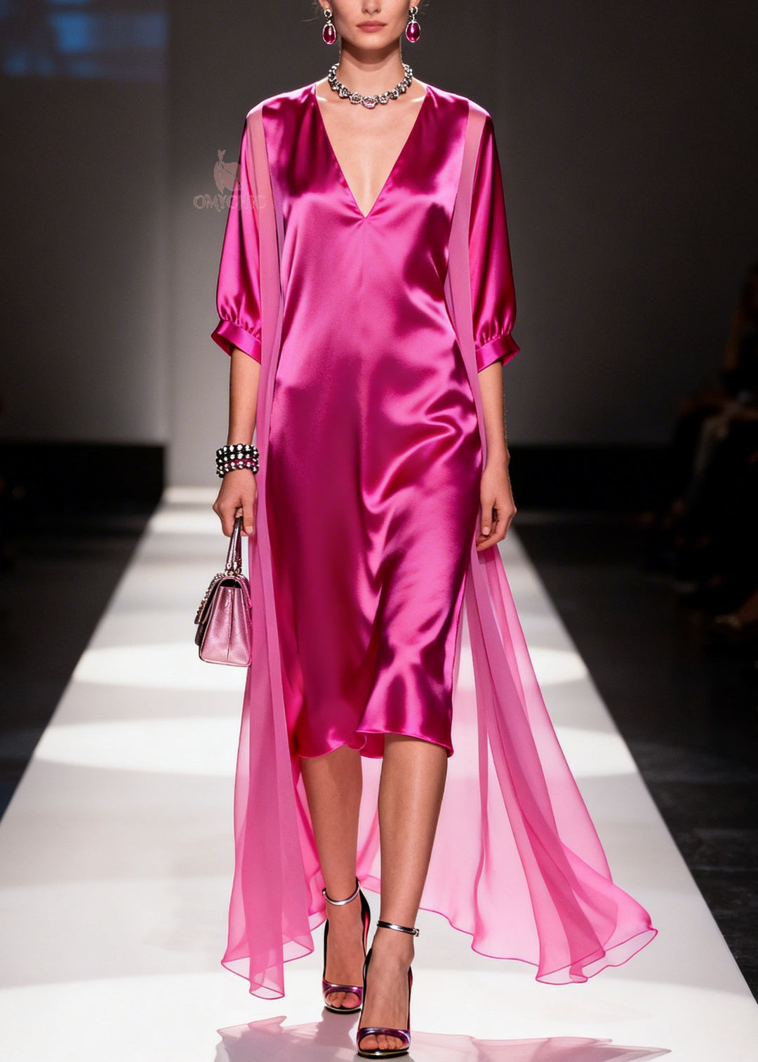 French Rose V Neck Patchwork Chiffon Dresses Summer
