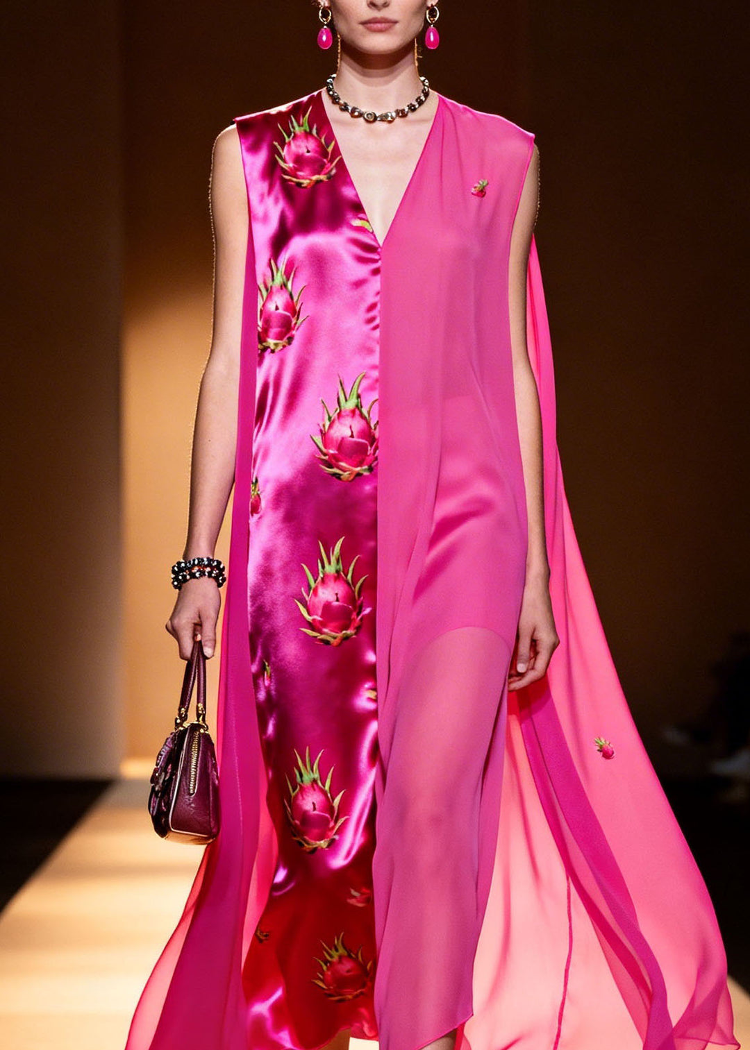 French Rose V Neck Print Silk Patchwork Chiffon Dresses Summer