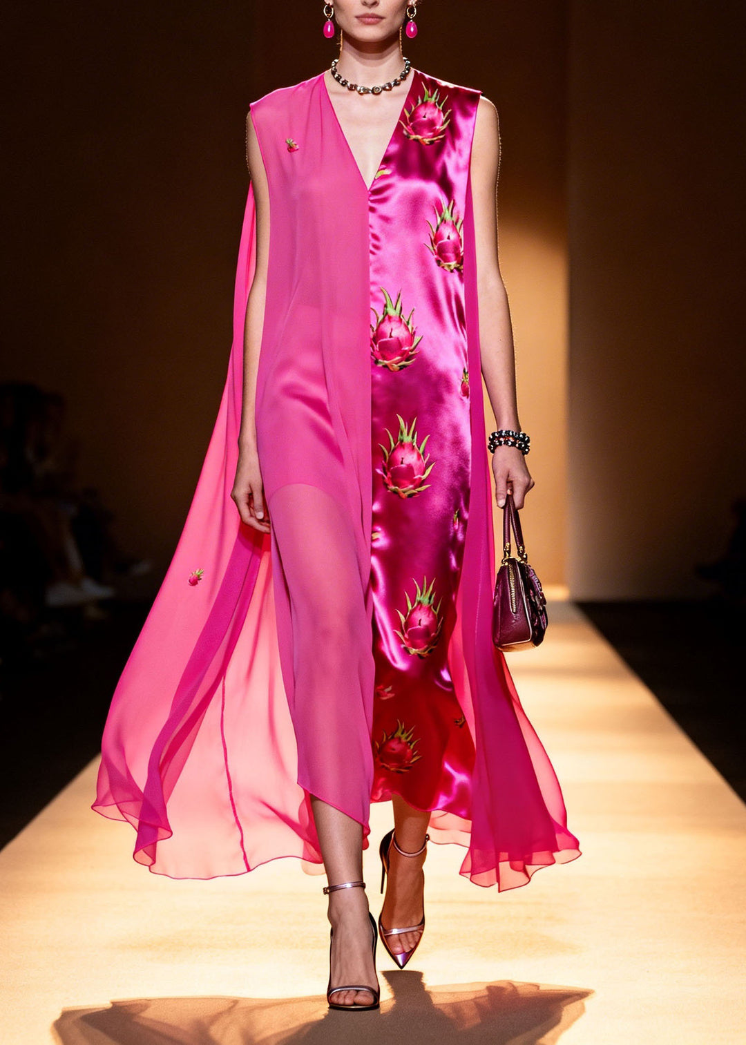 French Rose V Neck Print Silk Patchwork Chiffon Dresses Summer