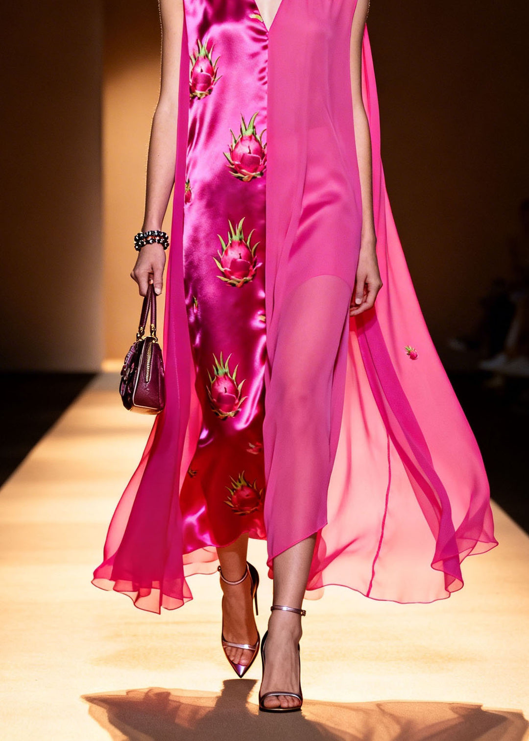 French Rose V Neck Print Silk Patchwork Chiffon Dresses Summer
