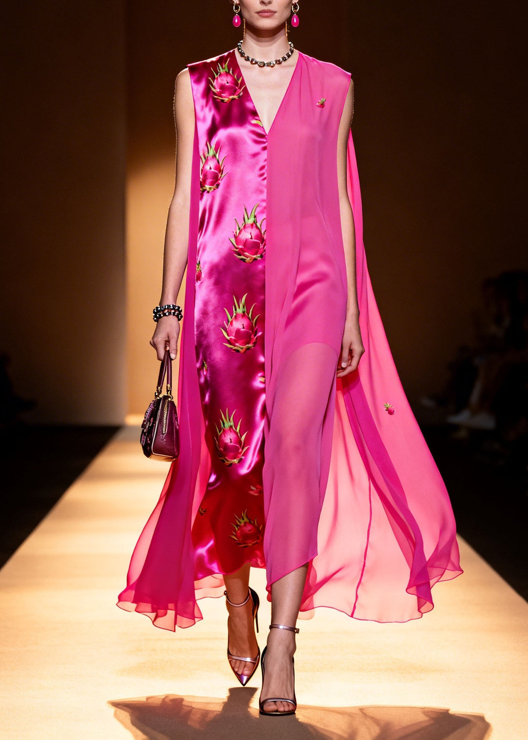 French Rose V Neck Print Silk Patchwork Chiffon Dresses Summer