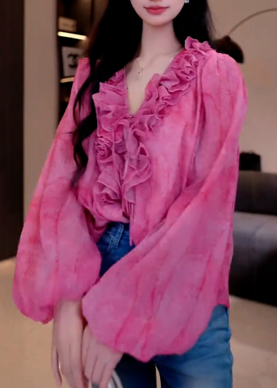 French Rose V Neck Ruffled Patchwork Chiffon Shirts Fall