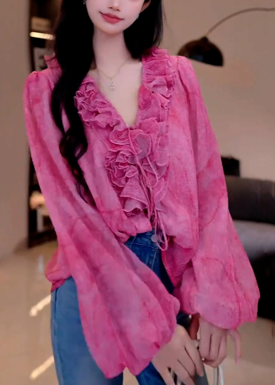 French Rose V Neck Ruffled Patchwork Chiffon Shirts Fall