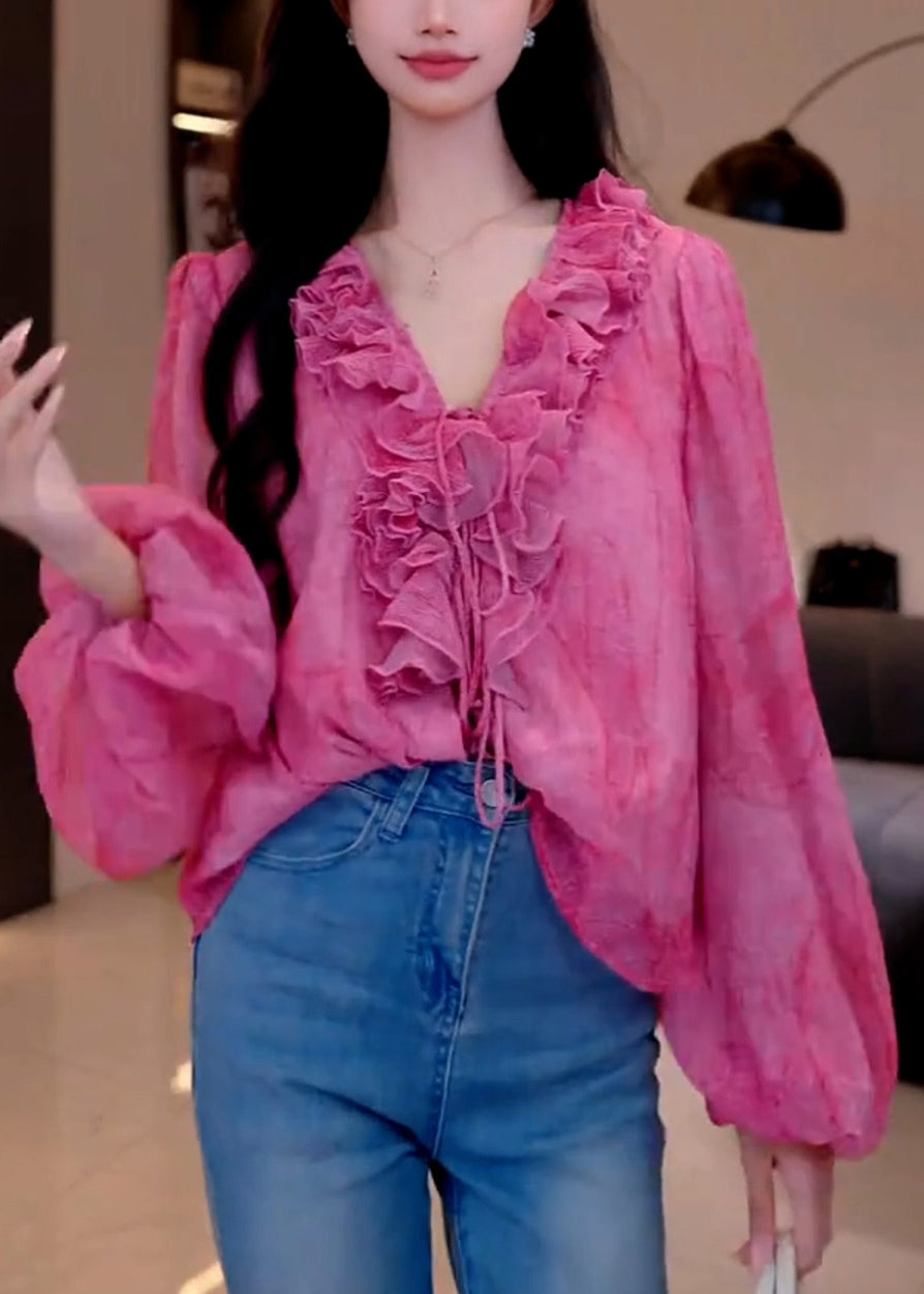 French Rose V Neck Ruffled Patchwork Chiffon Shirts Fall