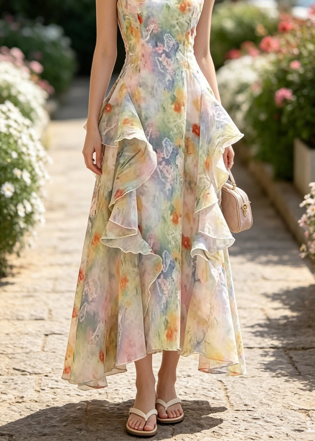 French Ruffled Asymmetrical Design Print Chiffon Vacation Dresses Summer