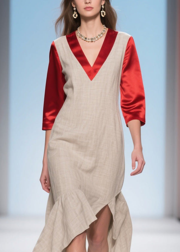 French Ruffled Asymmetrical Patchwork Linen Silk Dress Summer