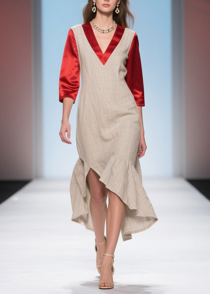 French Ruffled Asymmetrical Patchwork Linen Silk Dress Summer
