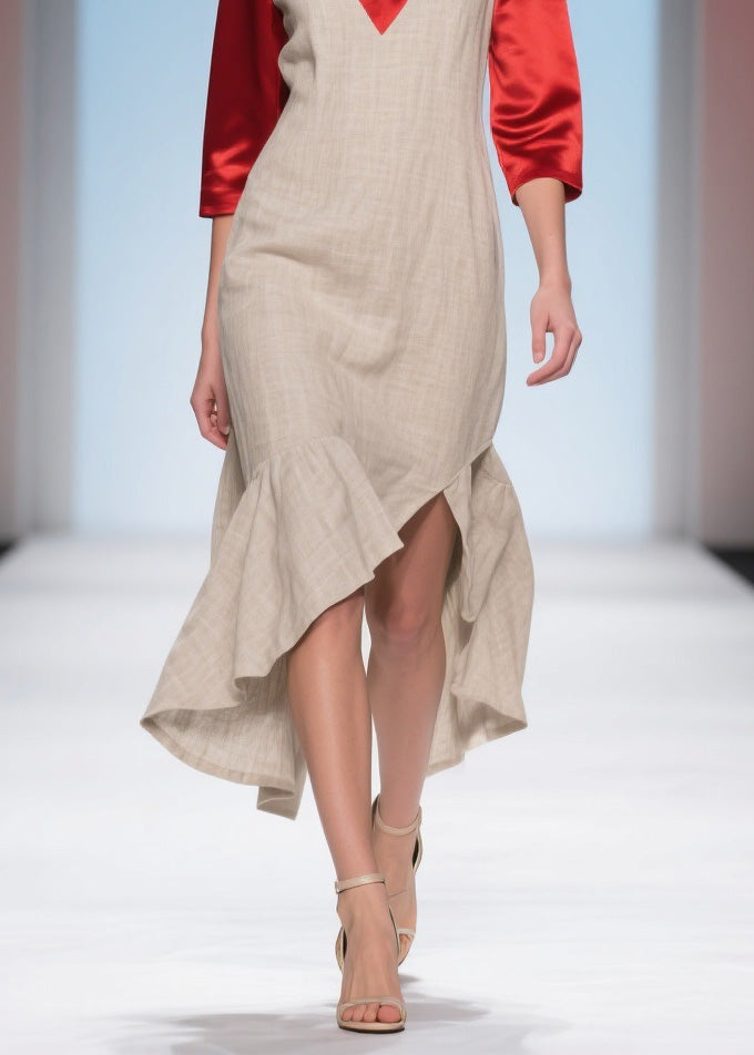 French Ruffled Asymmetrical Patchwork Linen Silk Dress Summer
