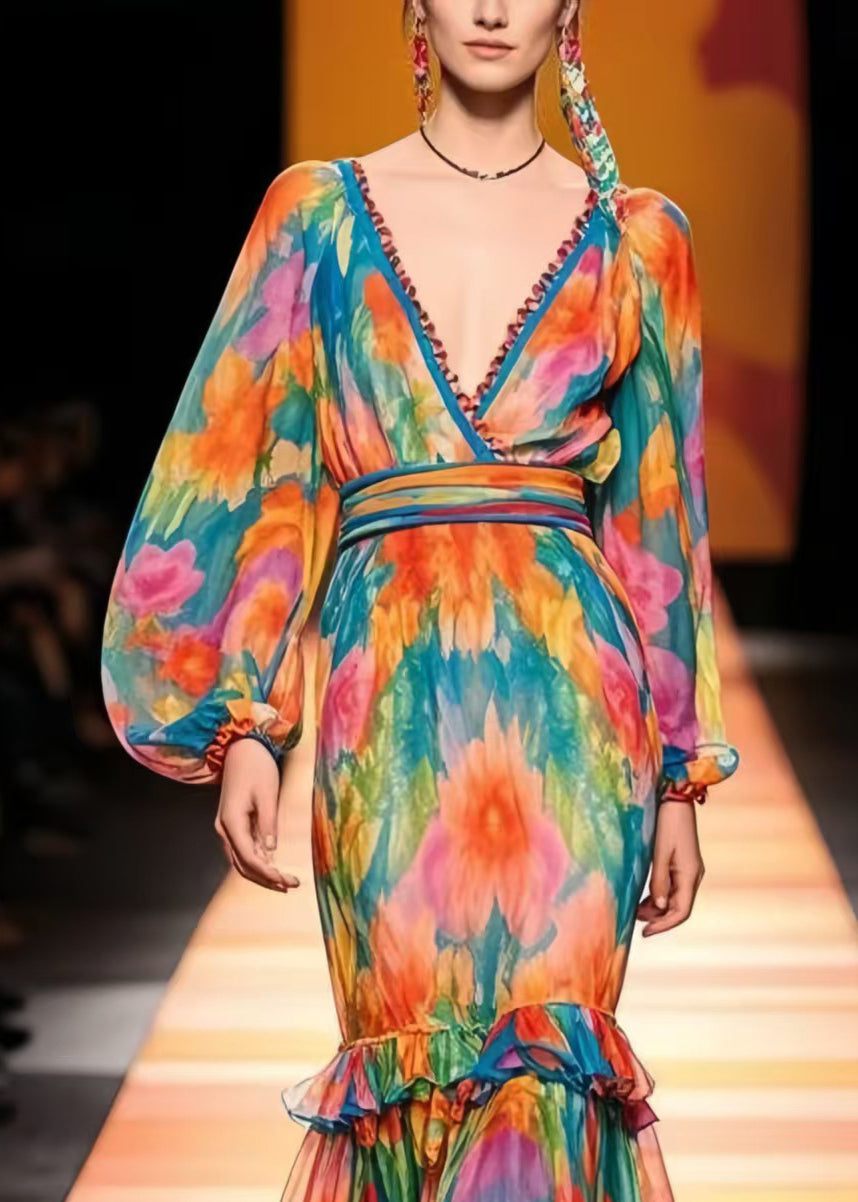 French Ruffled Print Chiffon Vestidos Dresses Lantern Sleeve