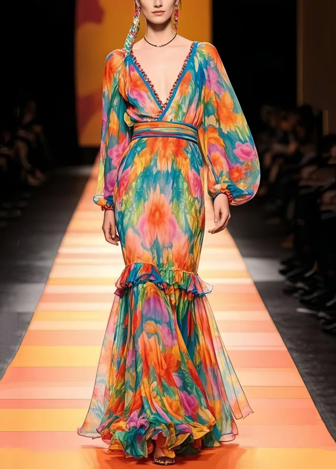 French Ruffled Print Chiffon Vestidos Dresses Lantern Sleeve