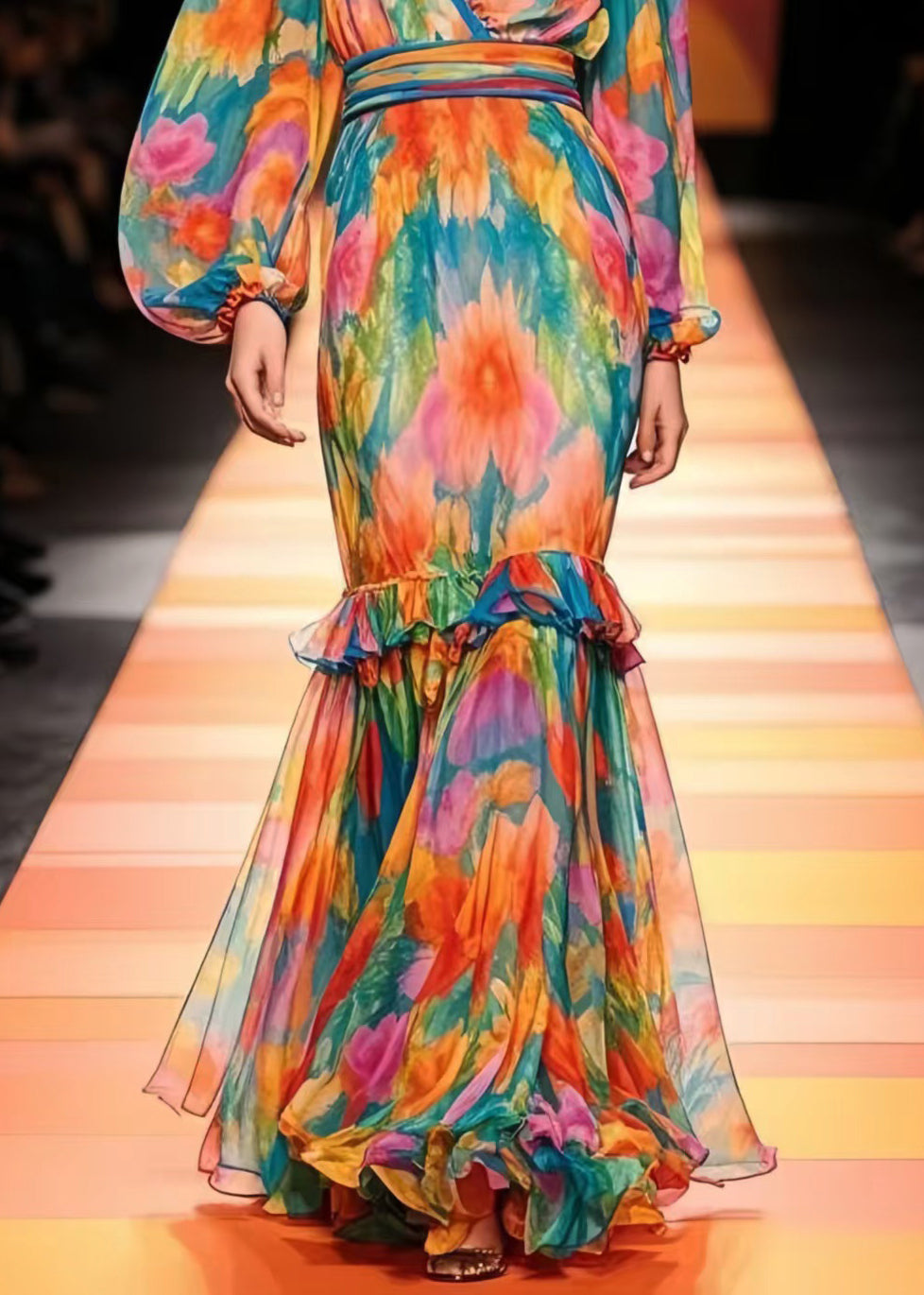French Ruffled Print Chiffon Vestidos Dresses Lantern Sleeve