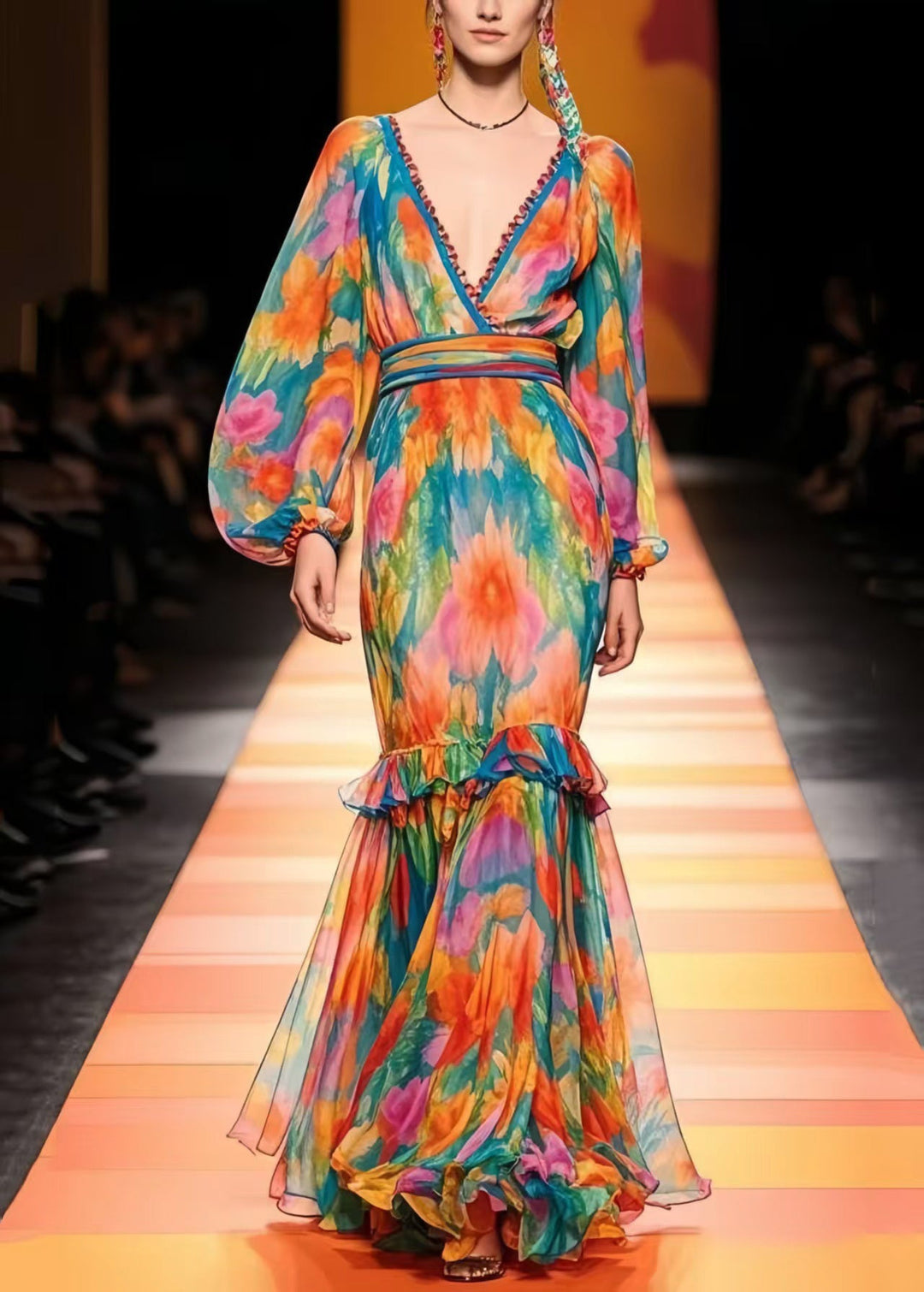 French Ruffled Print Chiffon Vestidos Dresses Lantern Sleeve