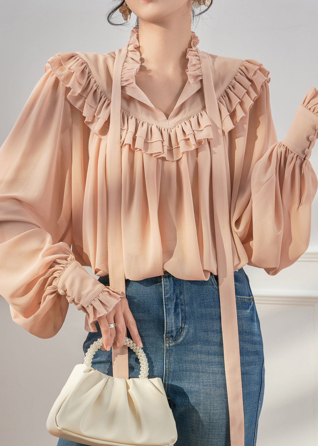 French Ruffled Ribbon Solid Chiffon Shirts Spring