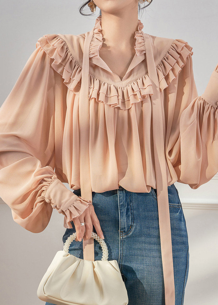 French Ruffled Ribbon Solid Chiffon Shirts Spring