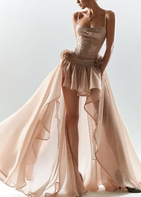 French Ruffled Sequins Patchwork Maxi Spaghetti Strap Dresses Summer
