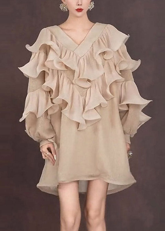 French Ruffled V Neck Ruffled Mid Dress Lantern Sleeve