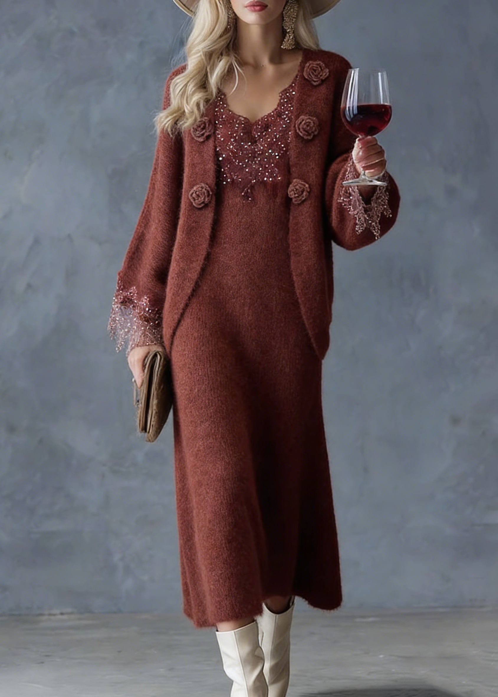 French Rust Lace Patchwork Cotton Knit Cardigans And Maxi Skirts Two Piece Set Spring - Omychic