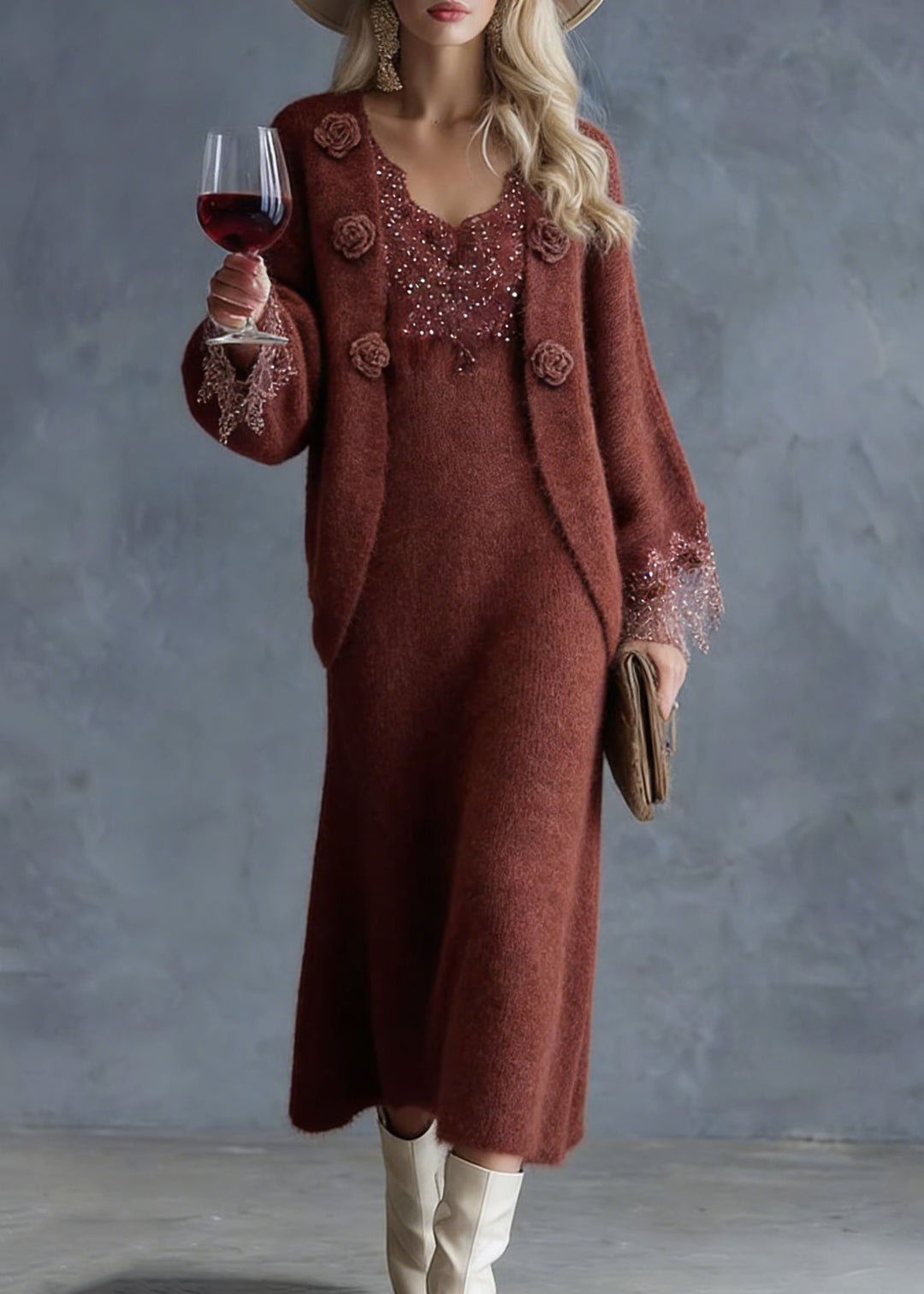 French Rust Lace Patchwork Cotton Knit Cardigans And Maxi Skirts Two Piece Set Spring - Omychic