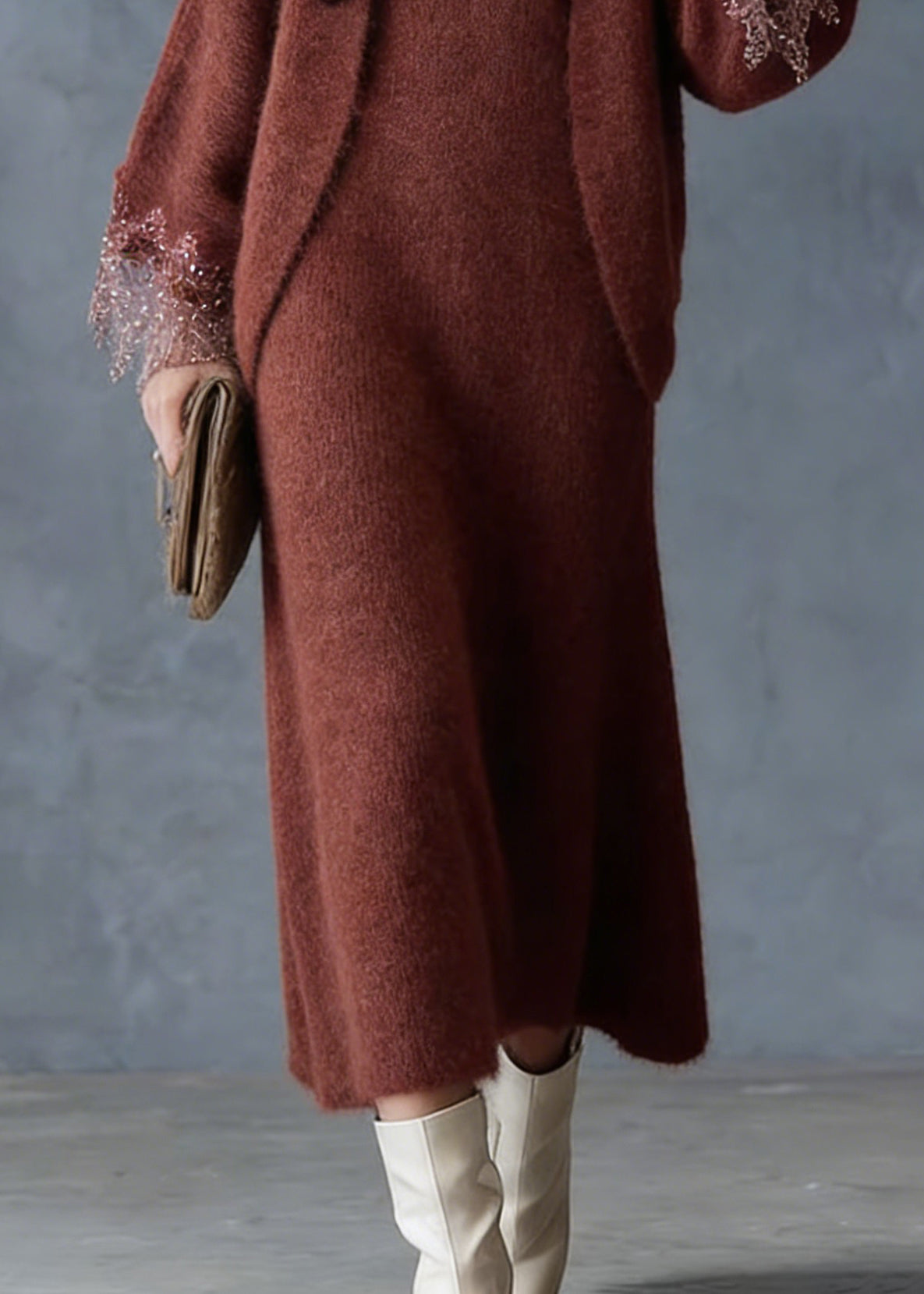 French Rust Lace Patchwork Cotton Knit Cardigans And Maxi Skirts Two Piece Set Spring - Omychic