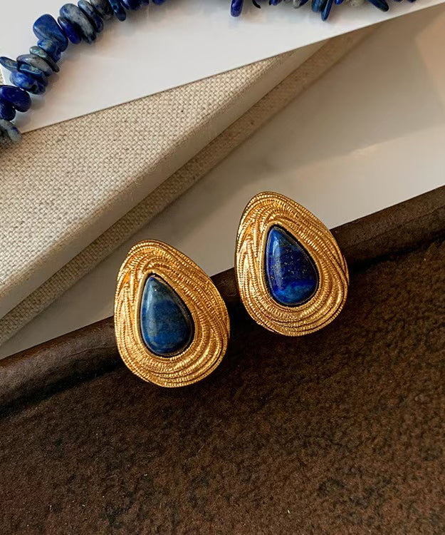 French Silver Overgild Gem Stone Drip Stud Earrings