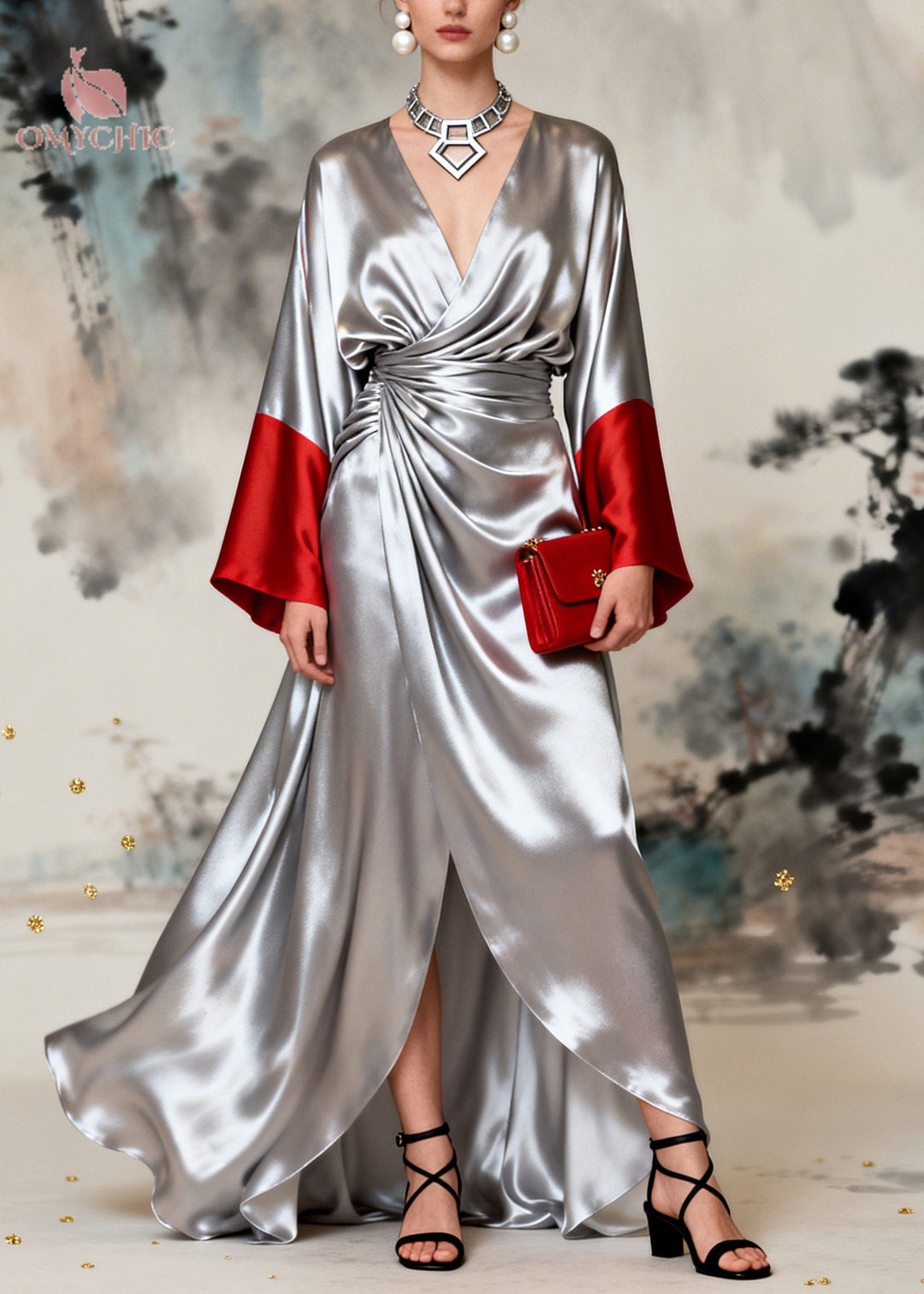 French Silvery Exra Large Hem Side Open Patchwork Silk Dresses Long Sleeve