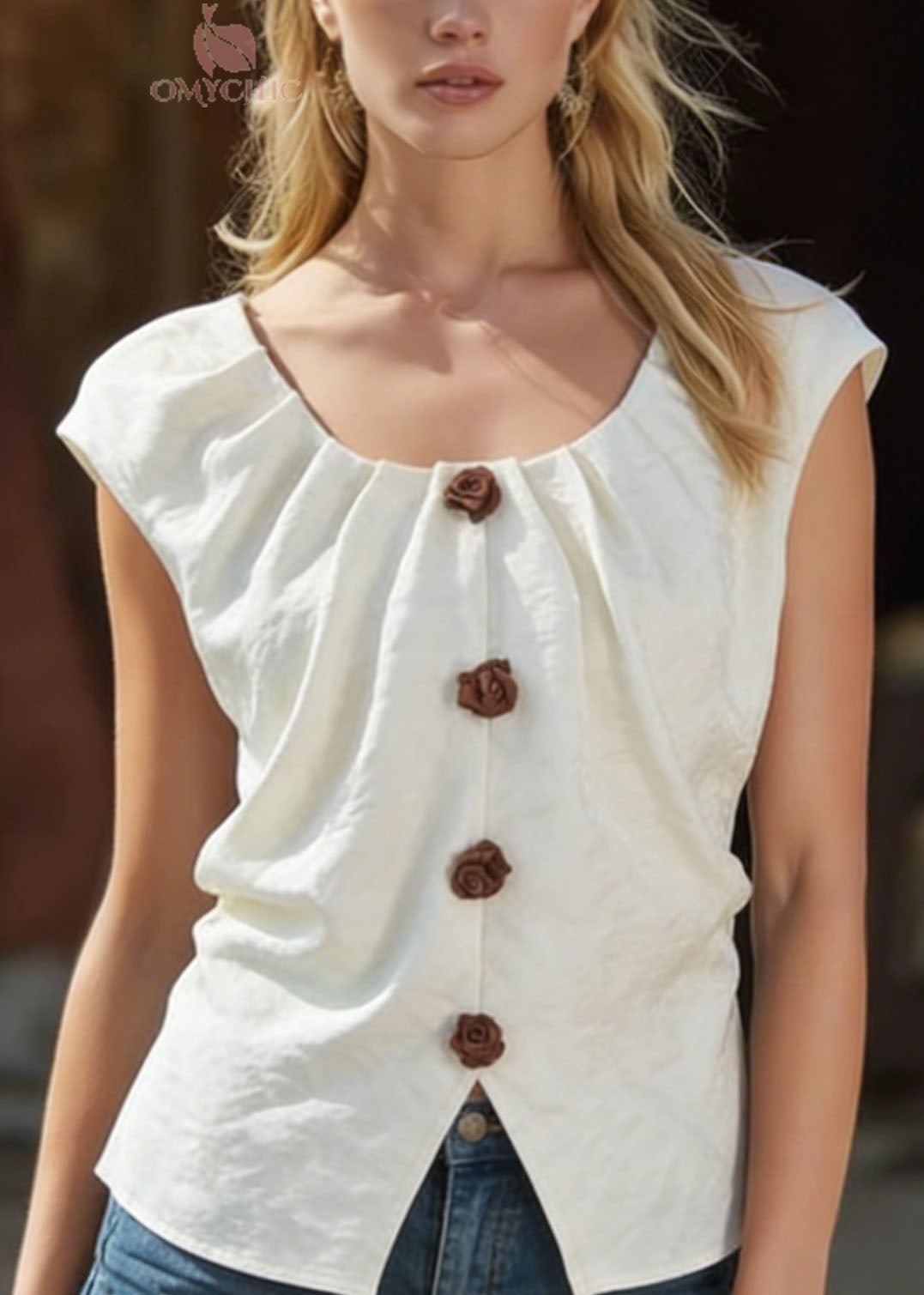 French Simple White O Neck Floral Cotton Tops Summer