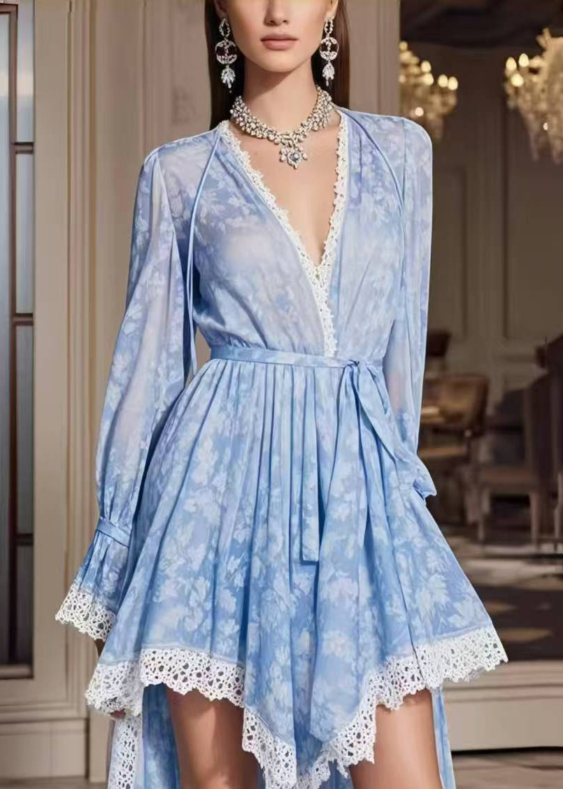 French Sky Blue Print Patchwork Lace Low High Design Holiday Dress Spring