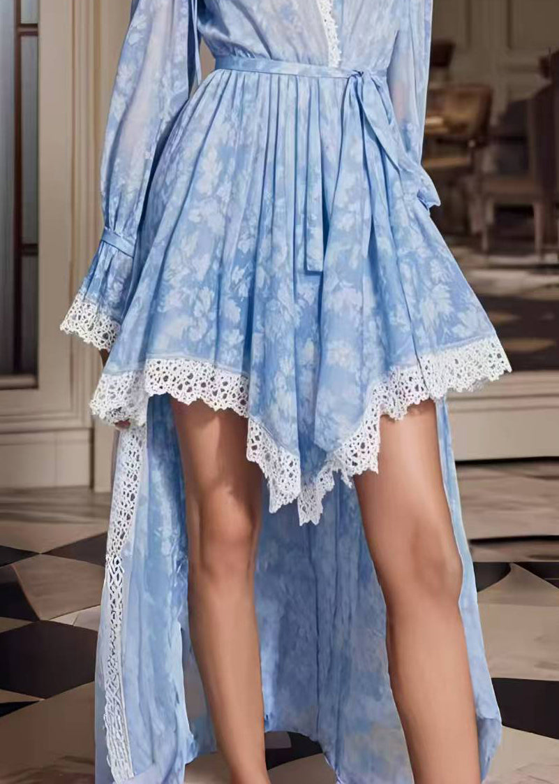 French Sky Blue Print Patchwork Lace Low High Design Holiday Dress Spring