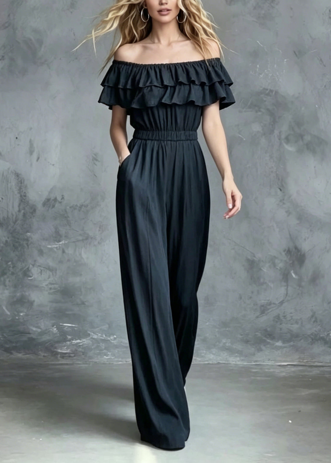 French Slash Neck Ruffled Patchwork Cotton Jumpsuit Summer