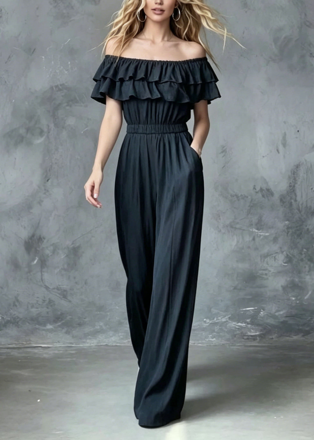 French Slash Neck Ruffled Patchwork Cotton Jumpsuit Summer
