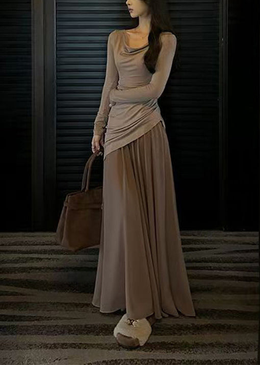 French Smoke Pink Patchwork Slim Fit Long Dresses Spring