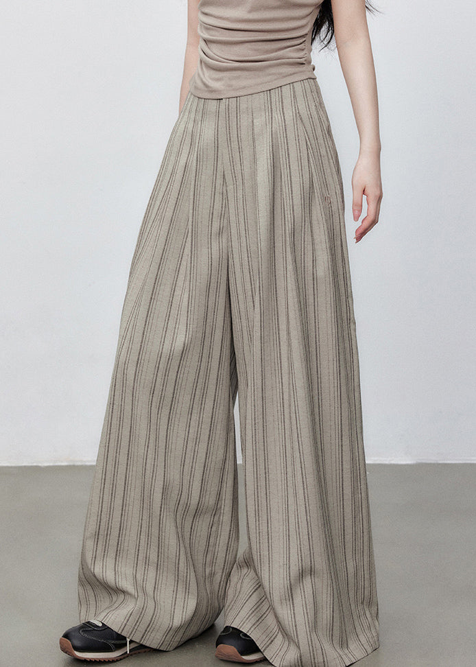 French Striped Button Pockets High Waist Cotton Wide Leg Pants Summer