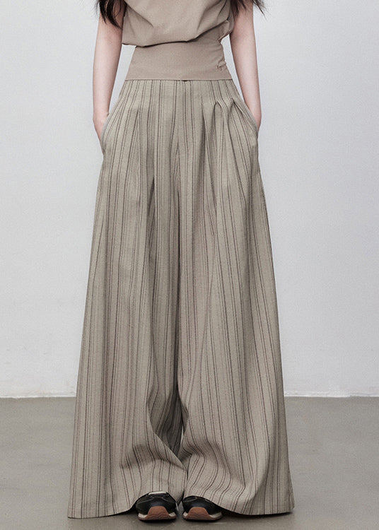 French Striped Button Pockets High Waist Cotton Wide Leg Pants Summer