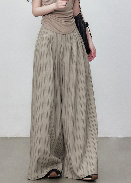 French Striped Button Pockets High Waist Cotton Wide Leg Pants Summer