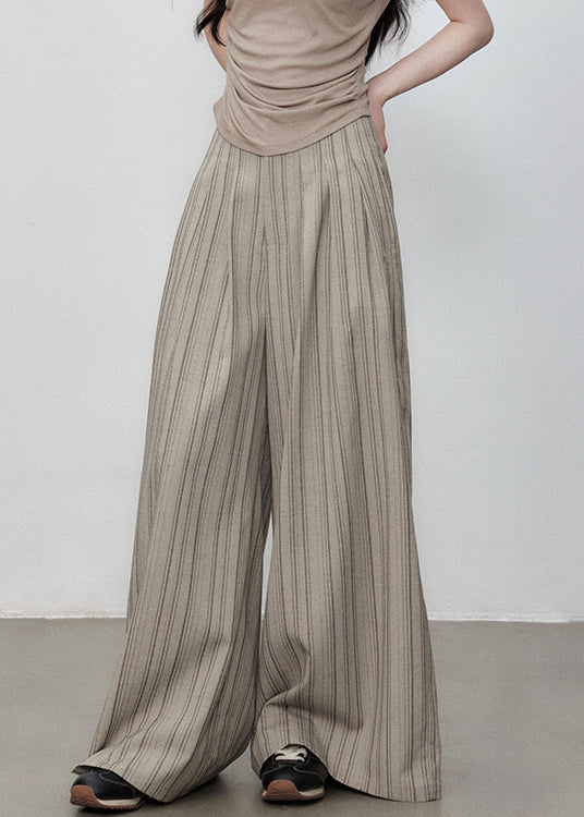 French Striped Button Pockets High Waist Cotton Wide Leg Pants Summer