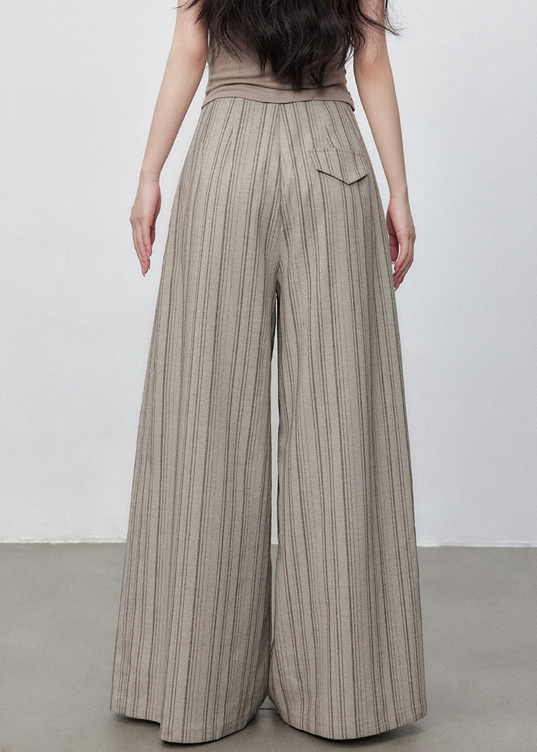 French Striped Button Pockets High Waist Cotton Wide Leg Pants Summer