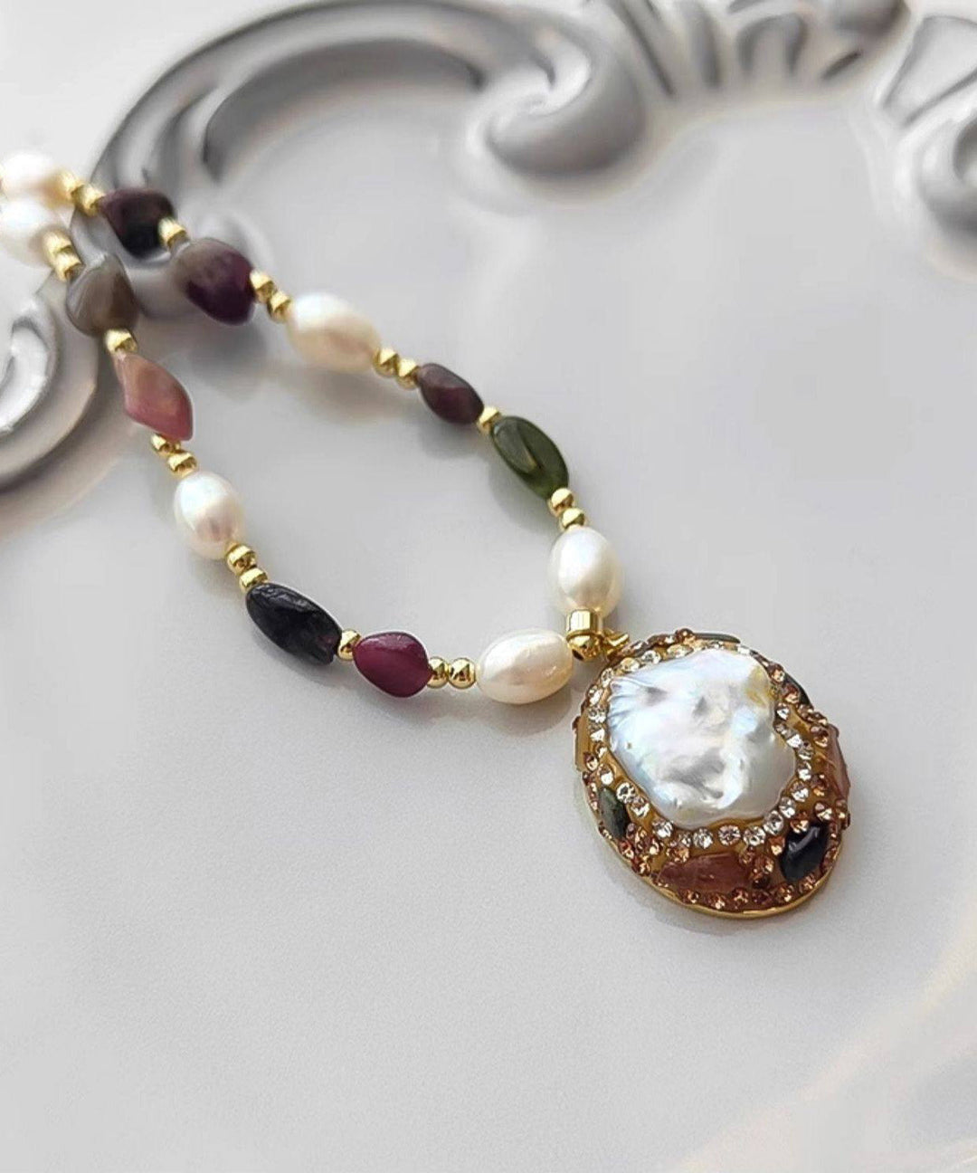 French Style Baroque Tourmaline Pearl Necklace