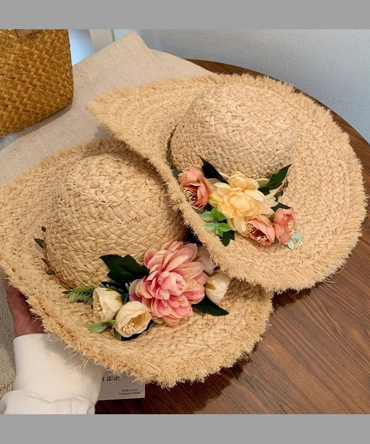 French Style Beige Flower Straw Woven Big Brim Holiday Sun Hat