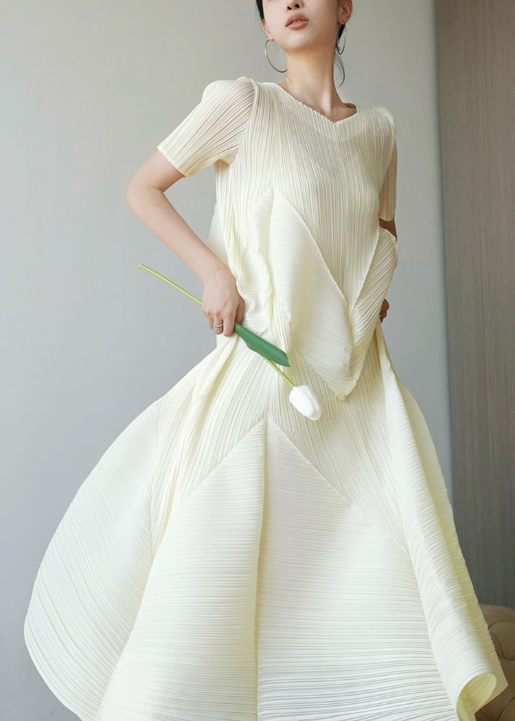French Style Beige Wrinkled Cotton Dresses Summer - Omychic