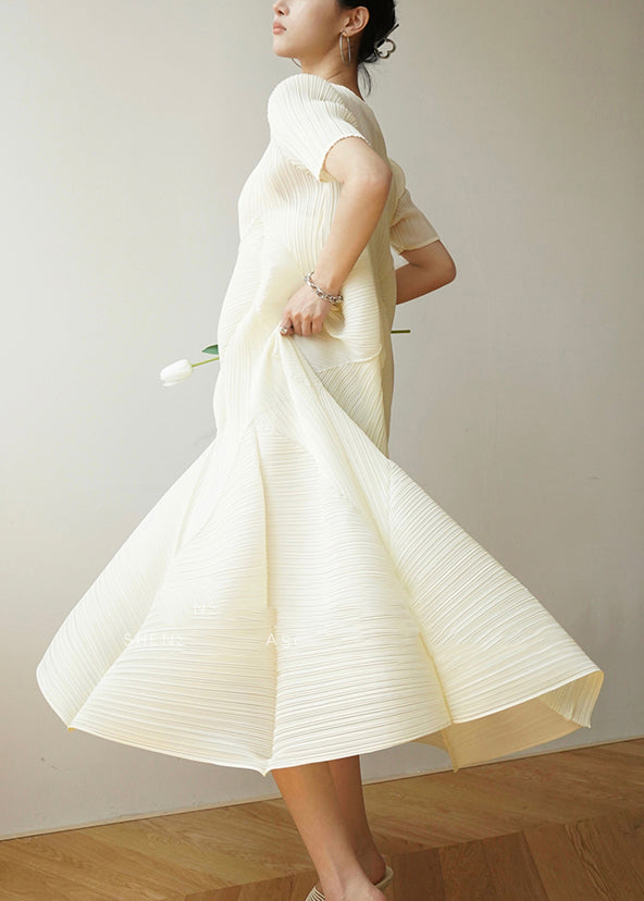 French Style Beige Wrinkled Cotton Dresses Summer - Omychic
