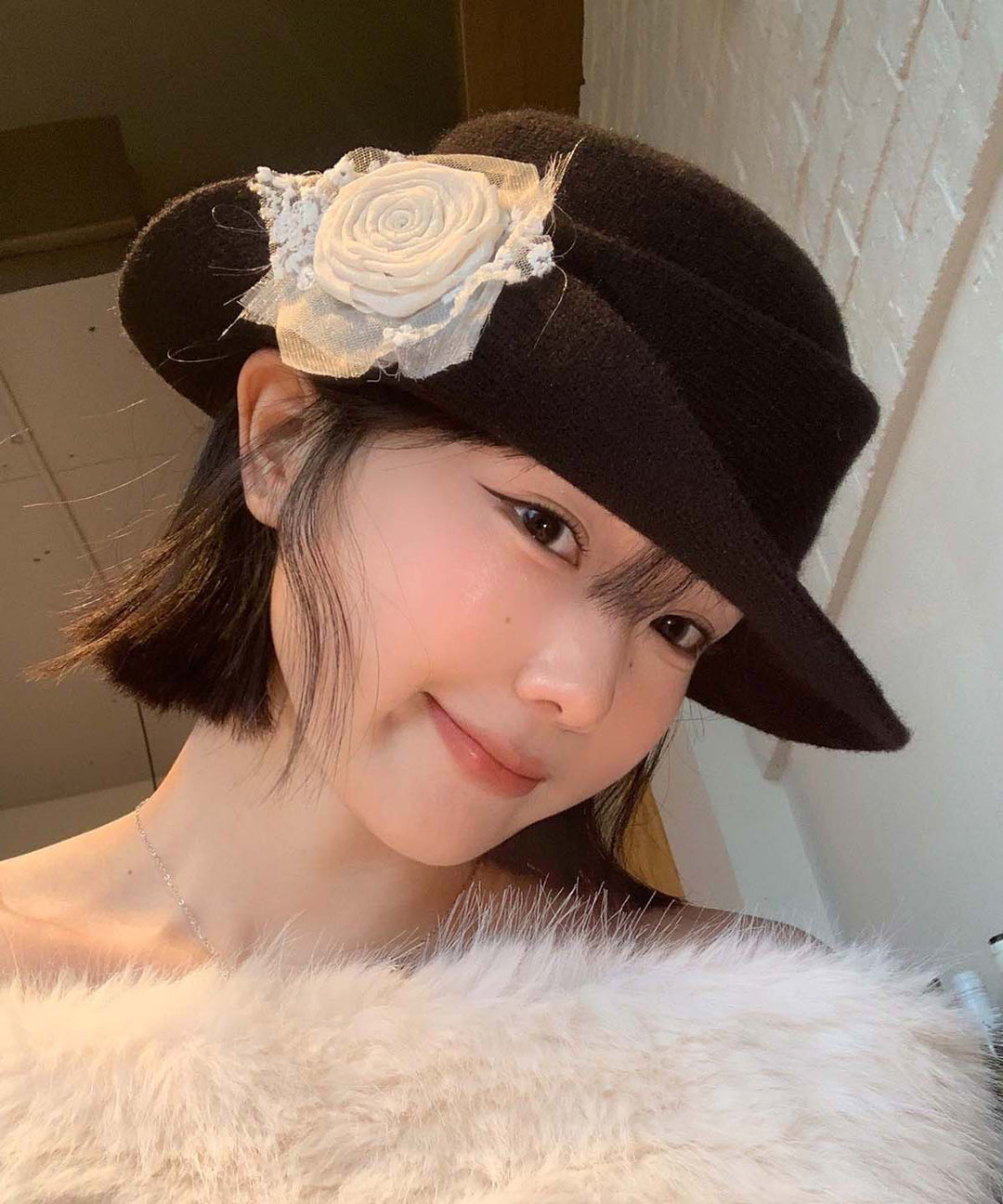 French Style Black Floral Knit Cloche Hat