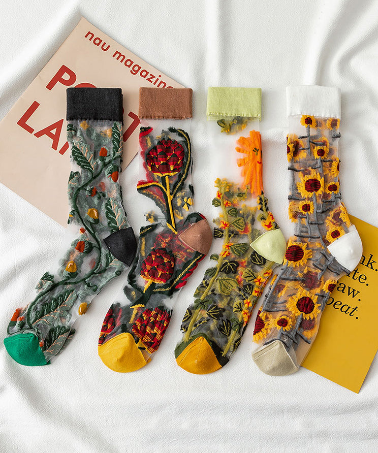 French Style Jacquard Sheer Mesh Mid Calf Socks