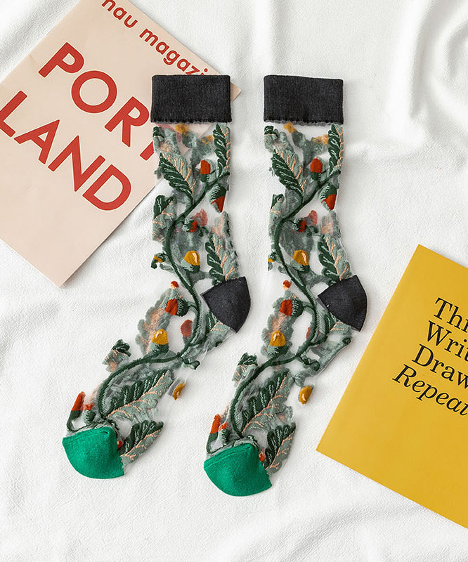 French Style Jacquard Sheer Mesh Mid Calf Socks
