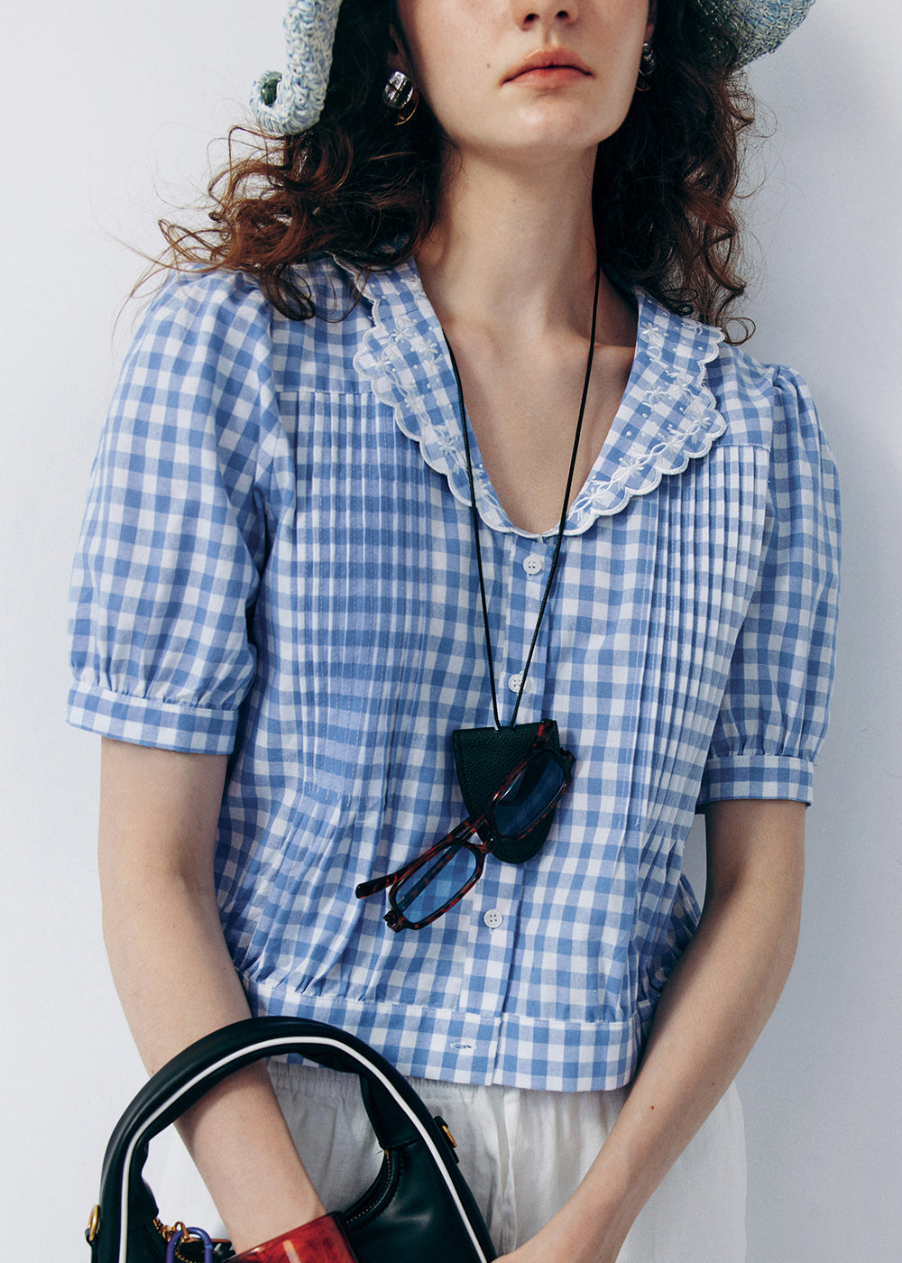 French Style Light Blue Puff Sleeve Embroidered Cotton Shirt Tops