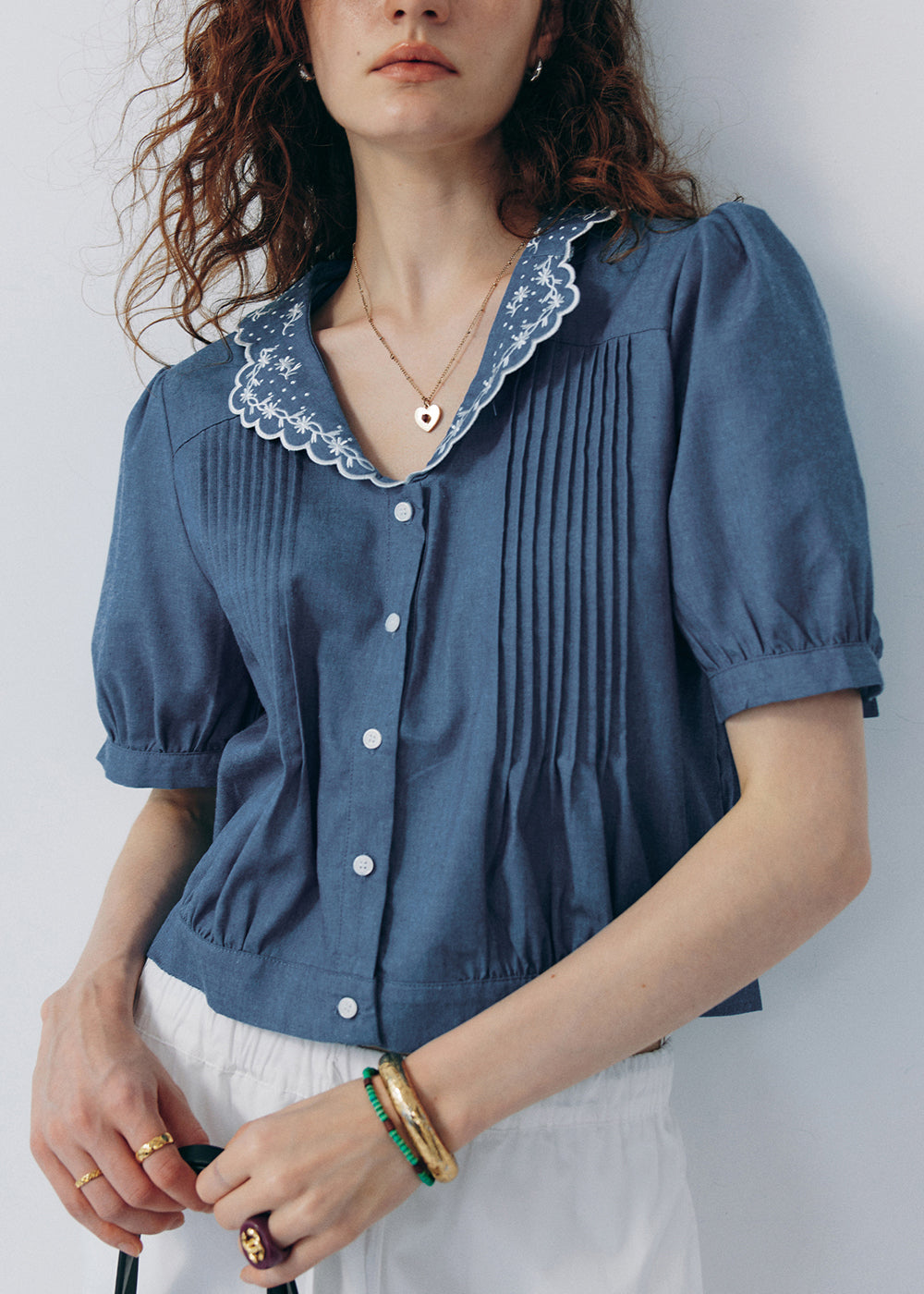 French Style Light Blue Puff Sleeve Embroidered Cotton Shirt Tops